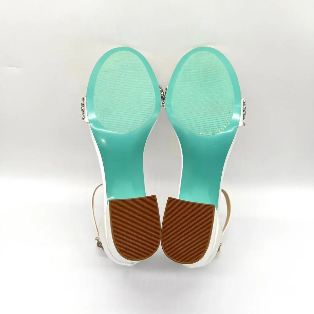Betsey Johnson Size 8 Mel‎ Ivory White Satin Jeweled Heels Dress Sandals Shoes